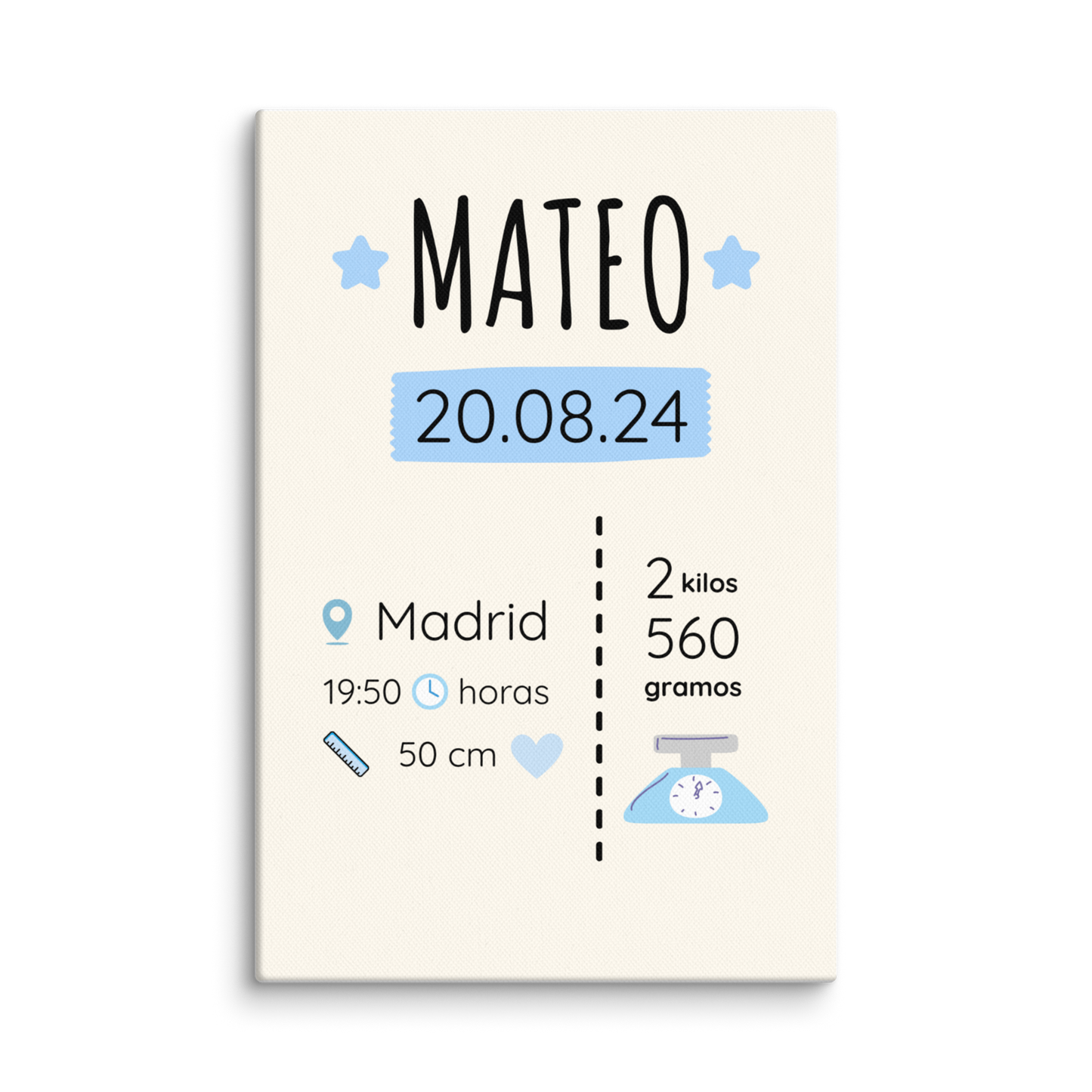 Lienzo de pared con datos de nacimiento de bebé