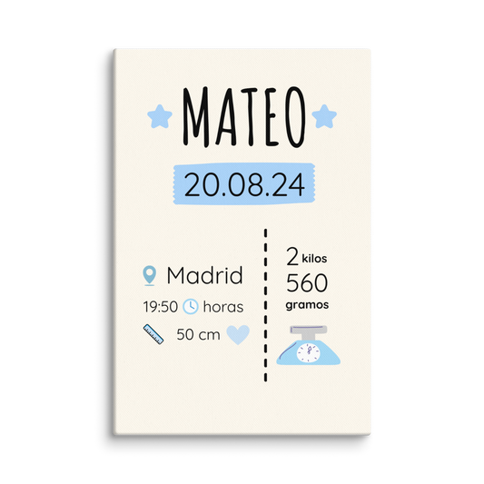Lienzo de pared con datos de nacimiento de bebé